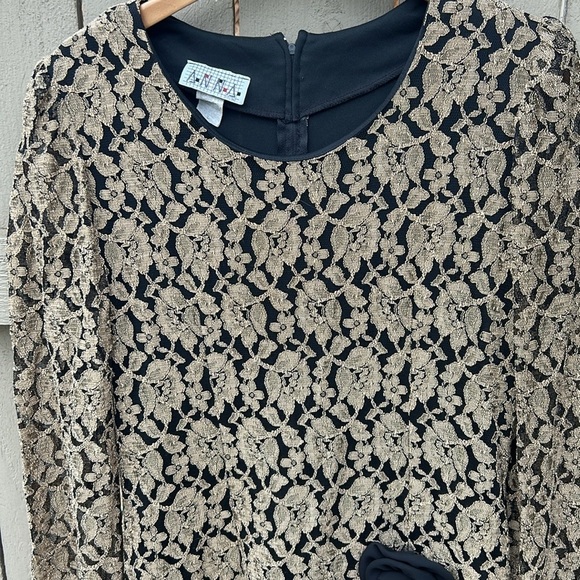 Vintage ANNA 1980's Formal Cocktail Dress Mobwife Metallic Lace Overlay 80's L - Picture 4 of 8